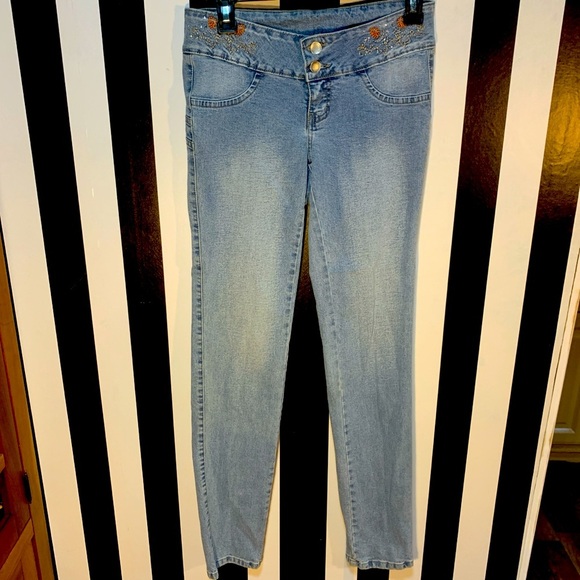 Y2K Vintage Embellished Embroidered Denim Jeans Size 3/5 Juniors Small - Picture 1 of 10